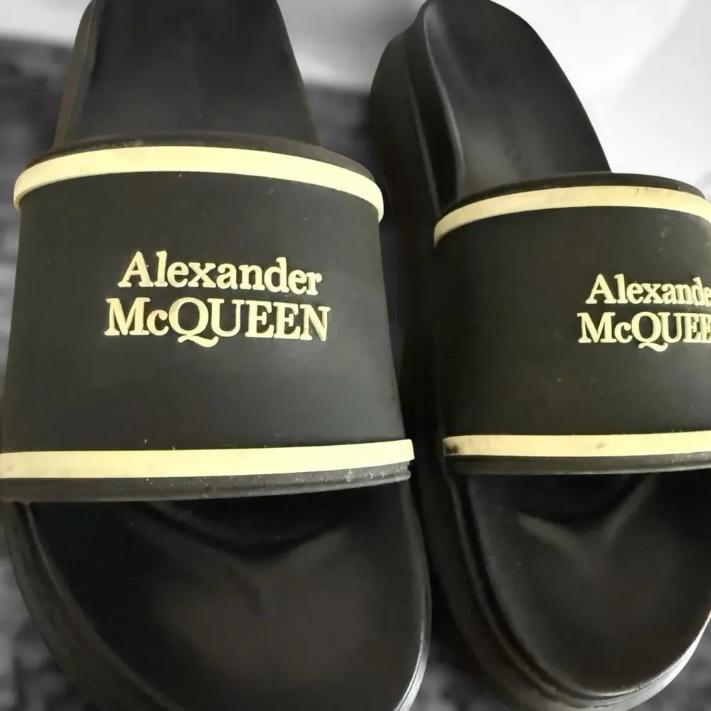 Alexander McQueen Black and Gold Slide Sandals